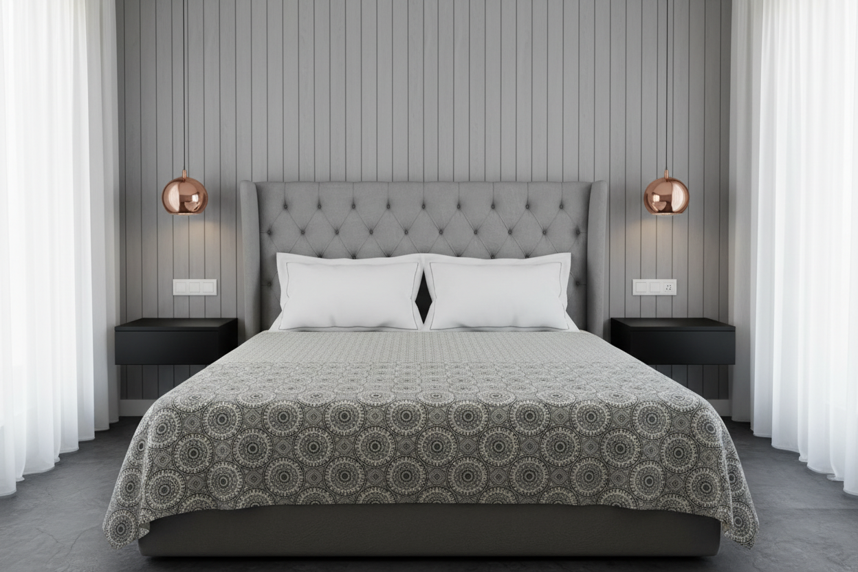 100% Pure Cotton King Size Bedsheet Set | Grey White Mandala Geometric Pattern | 108x108 Inches