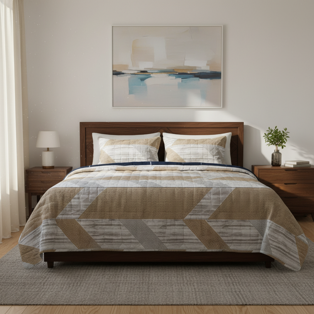 Premium Bed Sheet Set - Beige Grey Geometric Diagonal Striped Pattern with Quilted Pillow Covers - Queen Size