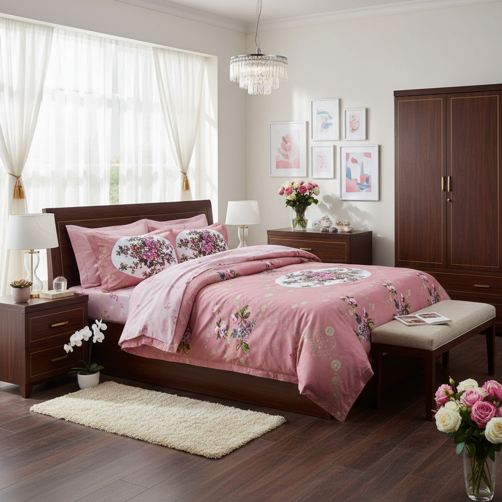 Premium Embroidered Bed Sheet Set - Pink Floral Golden Embroidery with Pillow Covers - Queen Size