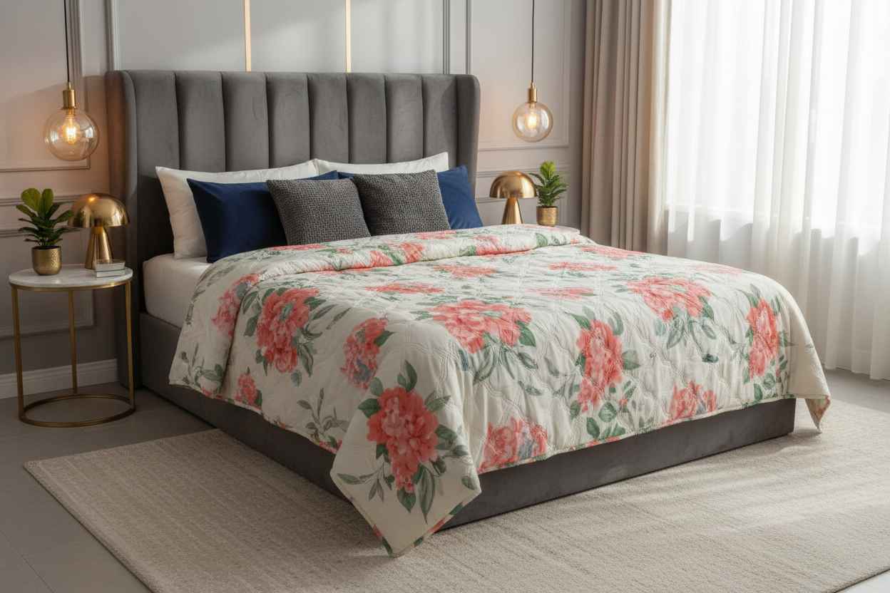 Hydrangea & Peony Double Bed Comforter | Floral Summer Quilted Bedding