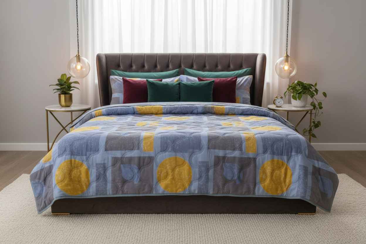 Blue Grey & Yellow Geometric Double Bed Comforter | Modern Quilted