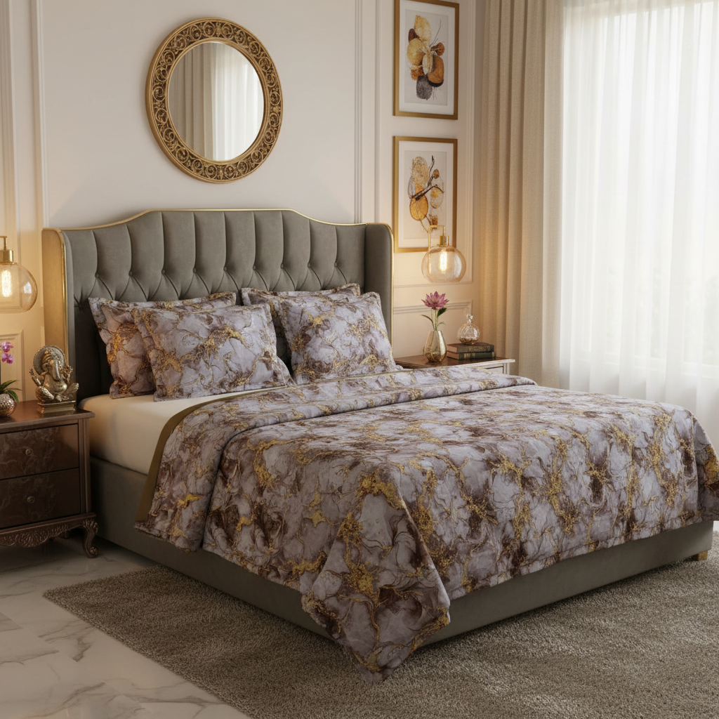 Luxury Grey Gold Watercolor Floral Bedsheet Set - Elegant Abstract Design with Pillow Covers - Queen Size