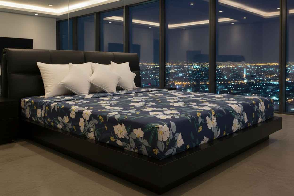 Navy Floral Bedsheet – Double Bed | White Hibiscus Print