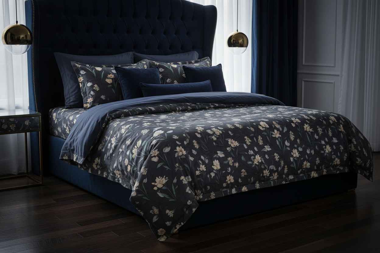 Botanical Bloom King Size Bedsheet – Dark Floral Embroidered