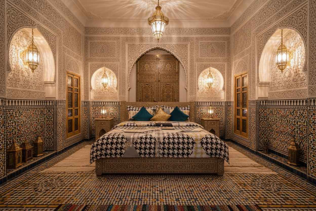 Double Bed Bedsheet – Houndstooth Patchwork | Black, White & Gold
