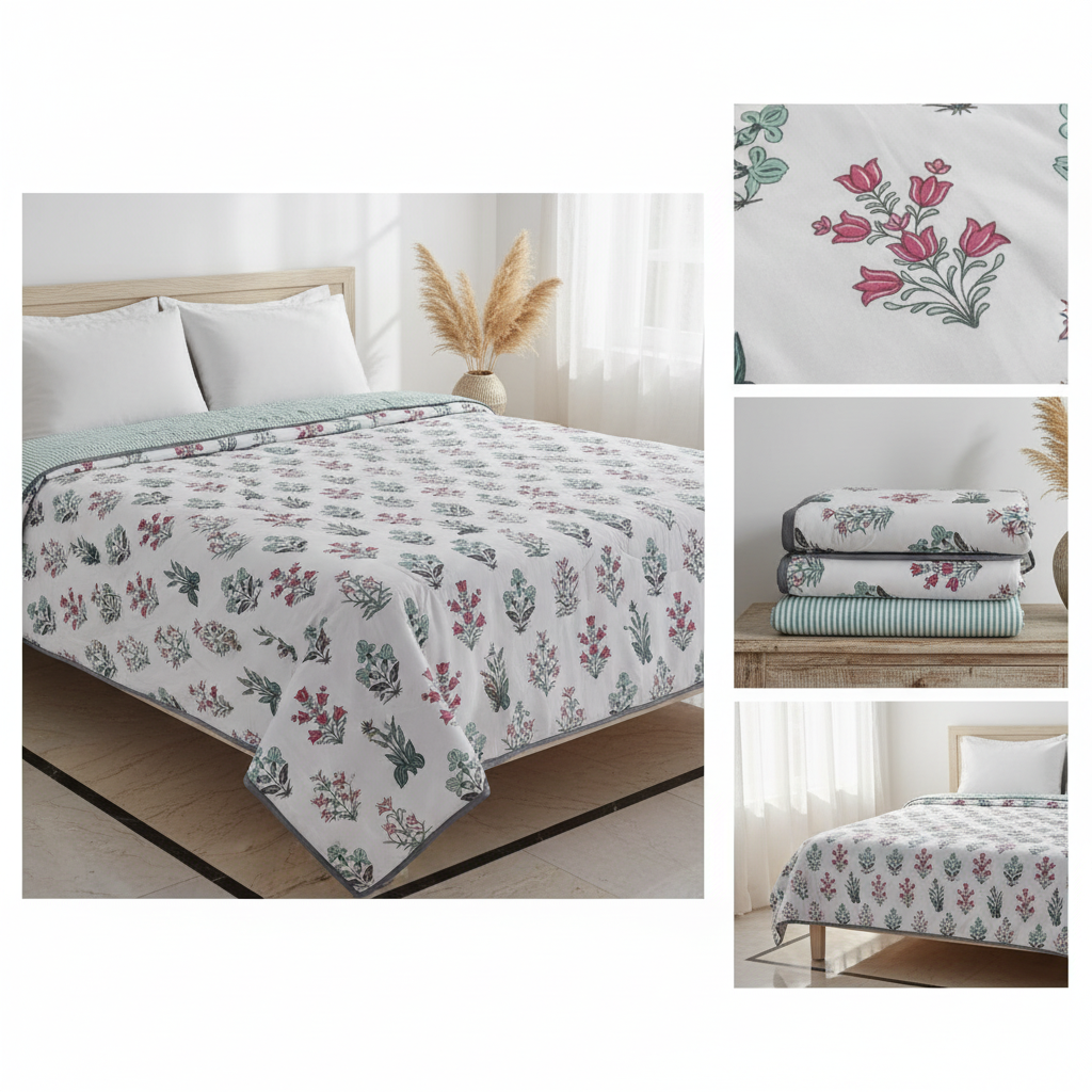 Summer Dohar Double Bed | Pink Teal Floral Bell Pattern 100% Cotton