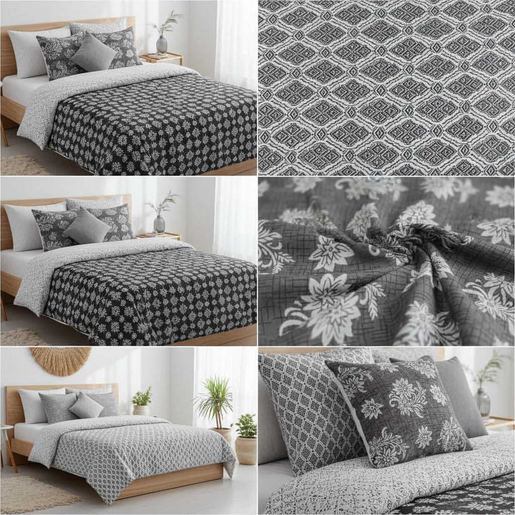 100% Pure Cotton King Size Bedsheet Set | Grey White Geometric Diamond Pattern | 108x108 Inches
