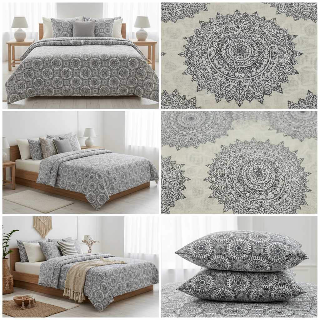 100% Pure Cotton King Size Bedsheet Set | Grey White Mandala Geometric Pattern | 108x108 Inches