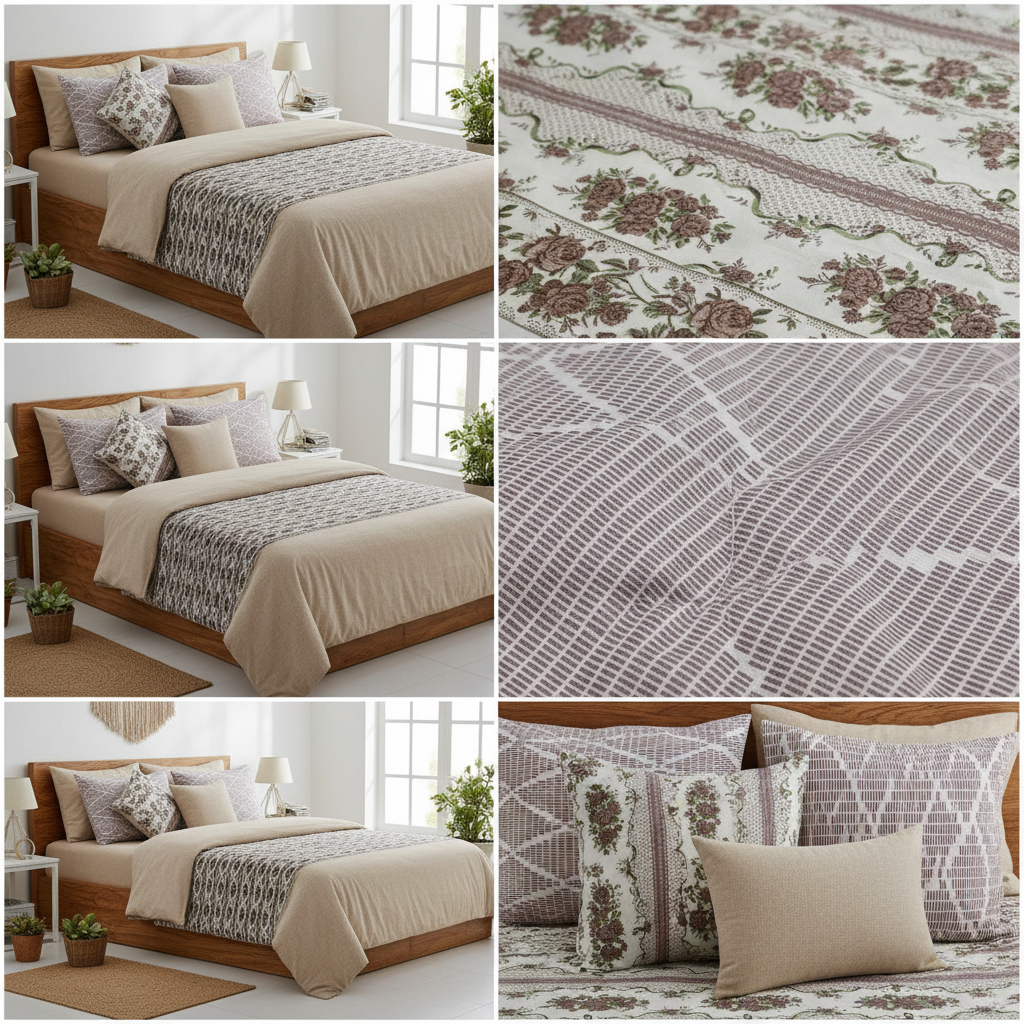 100% Pure Cotton King Size Bedsheet Set | Brown Green Floral Rose Stripe Pattern | 108x108 Inches