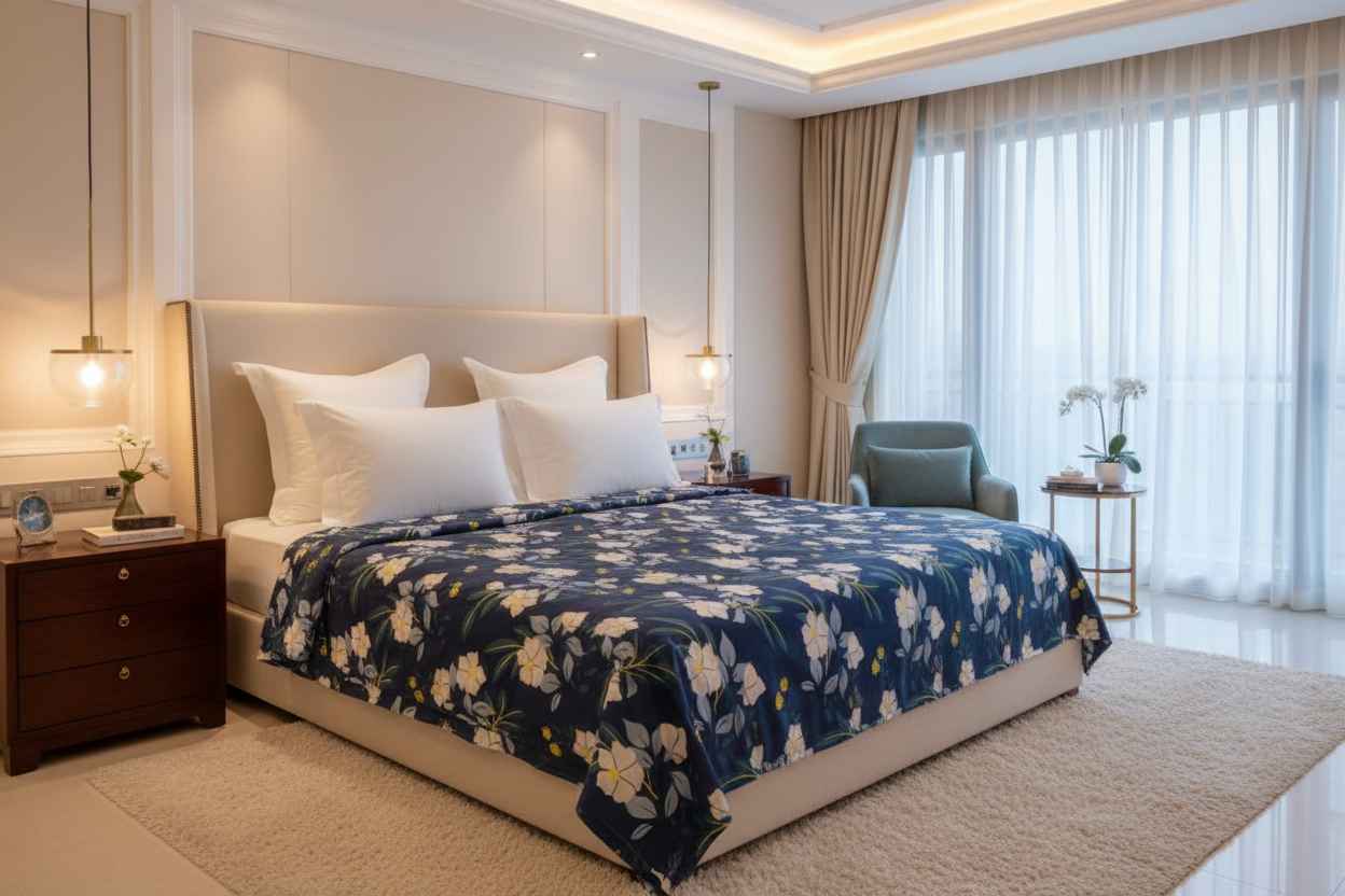 Navy Floral Bedsheet – Double Bed | White Hibiscus Print