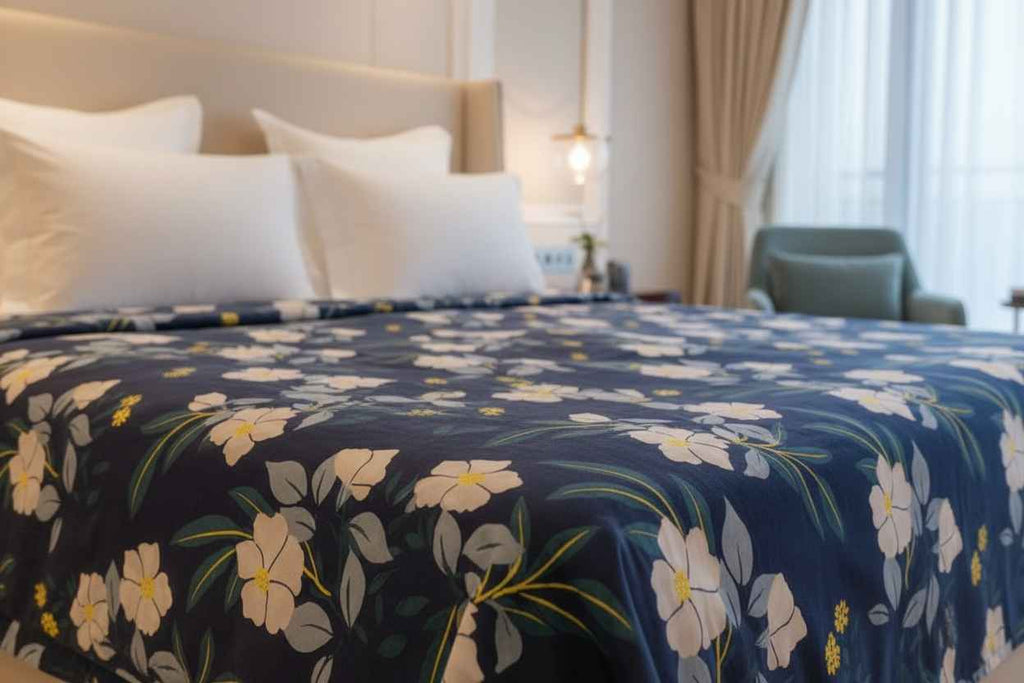 Navy Floral Bedsheet – Double Bed | White Hibiscus Print