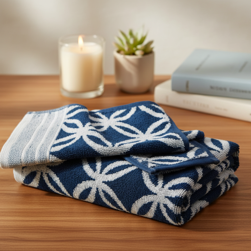Navy Blue Geometric Full Size Bath Towel for Unisex | Premium Designer