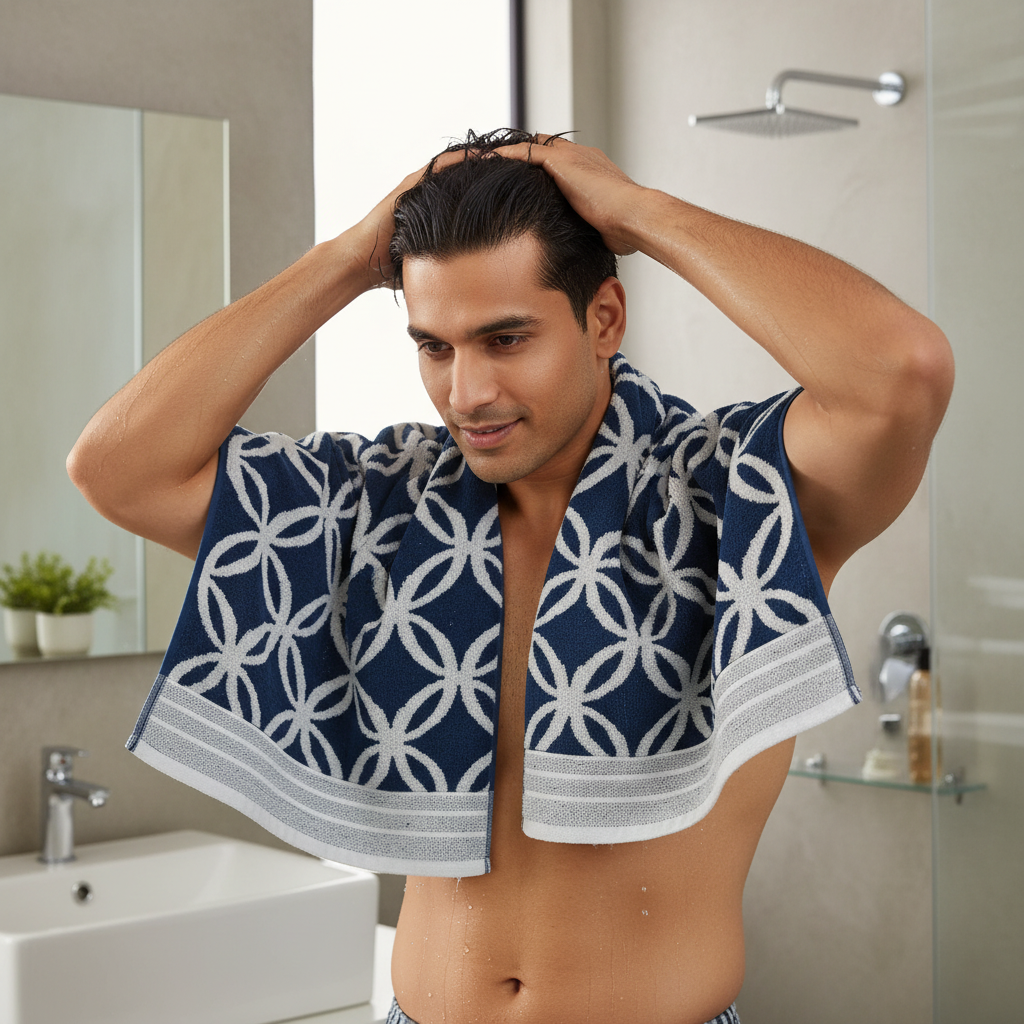 Navy Blue Geometric Full Size Bath Towel for Unisex | Premium Designer