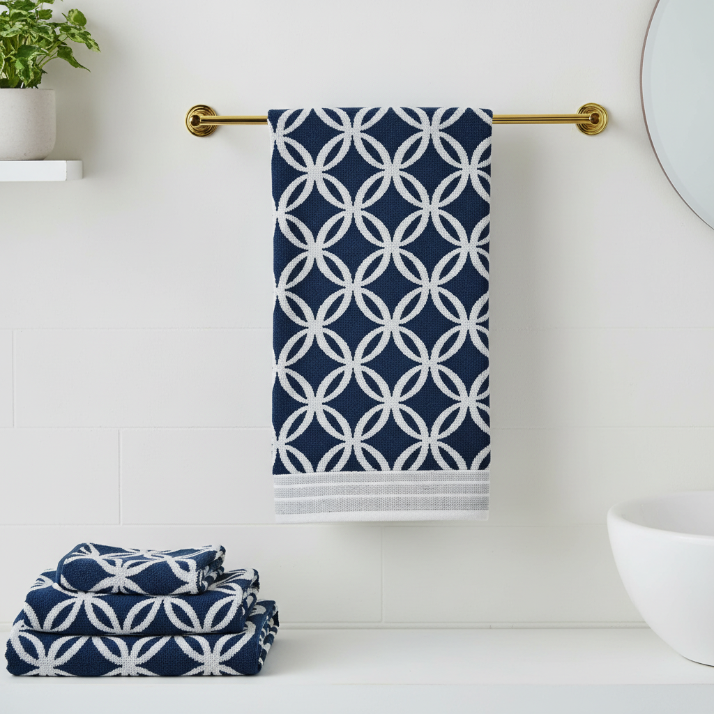 Navy Blue Geometric Full Size Bath Towel for Unisex | Premium Designer