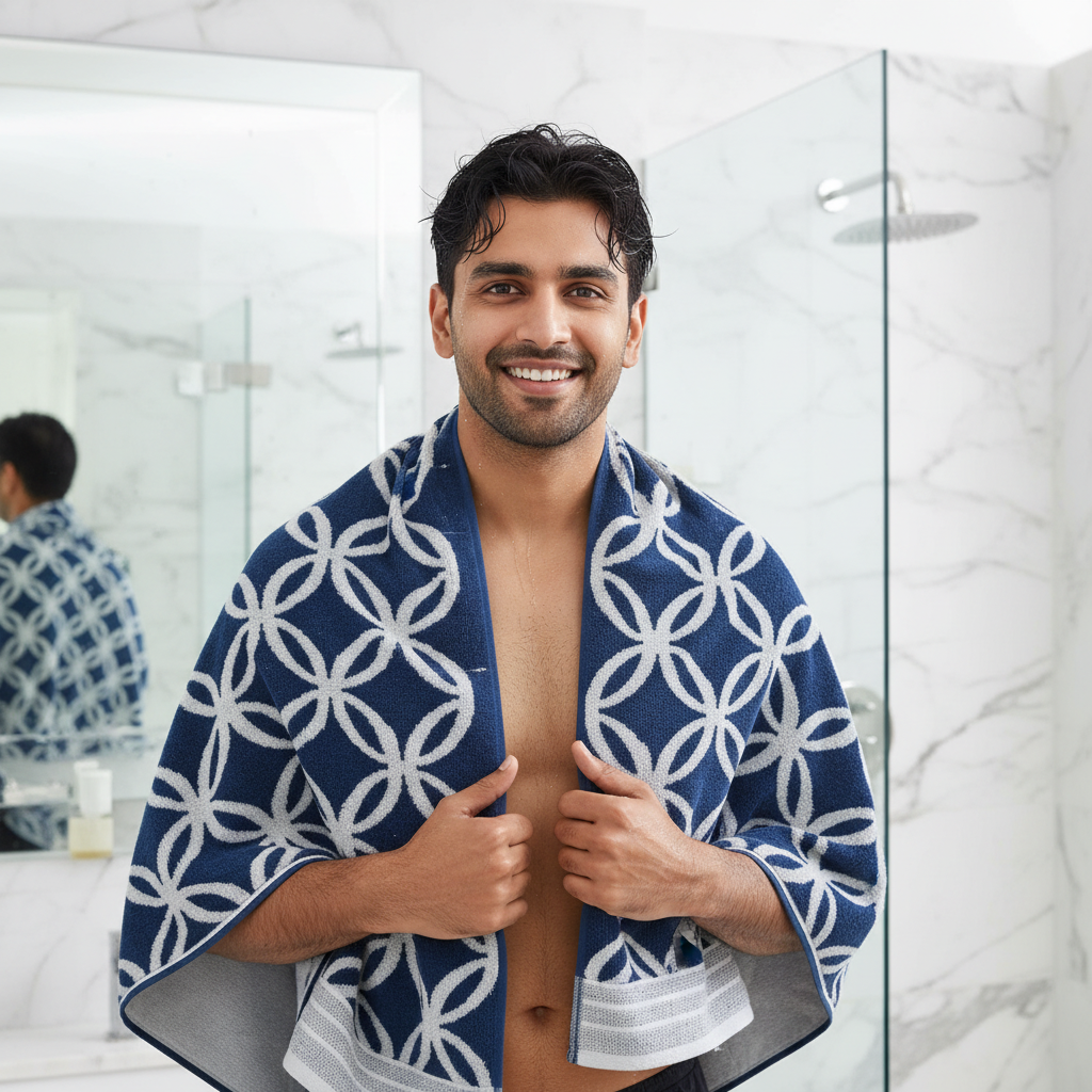 Navy Blue Geometric Full Size Bath Towel for Unisex | Premium Designer