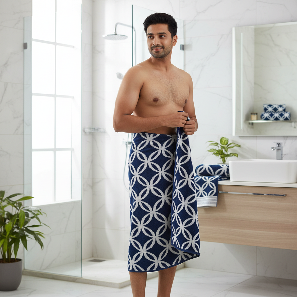 Navy Blue Geometric Full Size Bath Towel for Unisex | Premium Designer