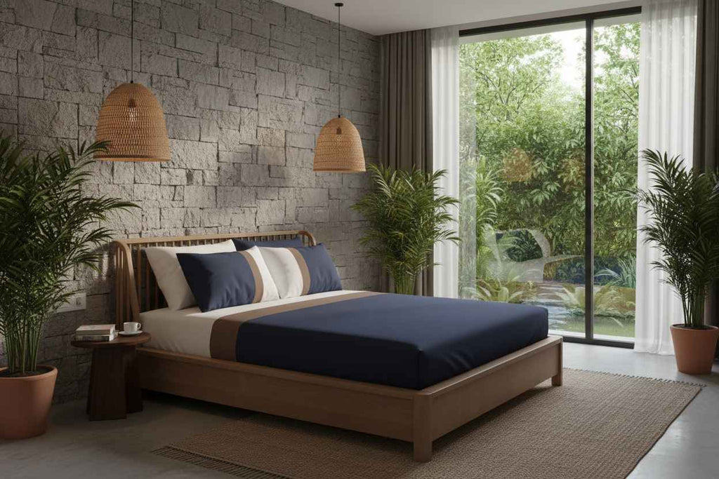 Luxe Stripe Bedsheet Set – Navy & Camel