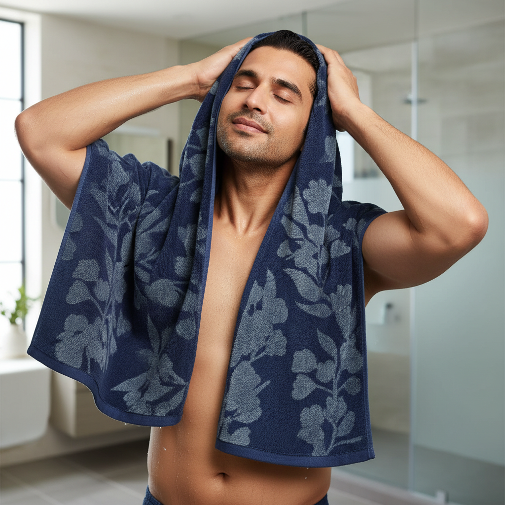 Navy Blue Embroidered Full Size Bath Towel for Unisex | Premium Floral Design