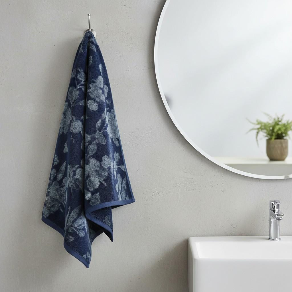 Navy Blue Embroidered Full Size Bath Towel for Unisex | Premium Floral Design