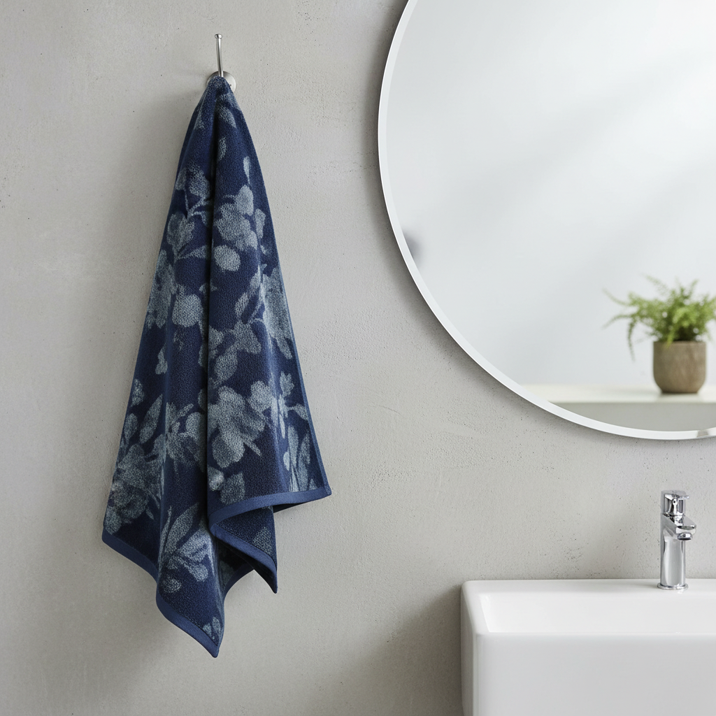 Navy Blue Embroidered Full Size Bath Towel for Unisex | Premium Floral Design