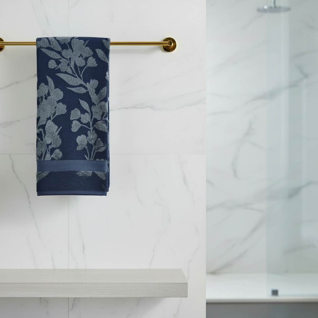 Navy Blue Embroidered Full Size Bath Towel for Unisex | Premium Floral Design