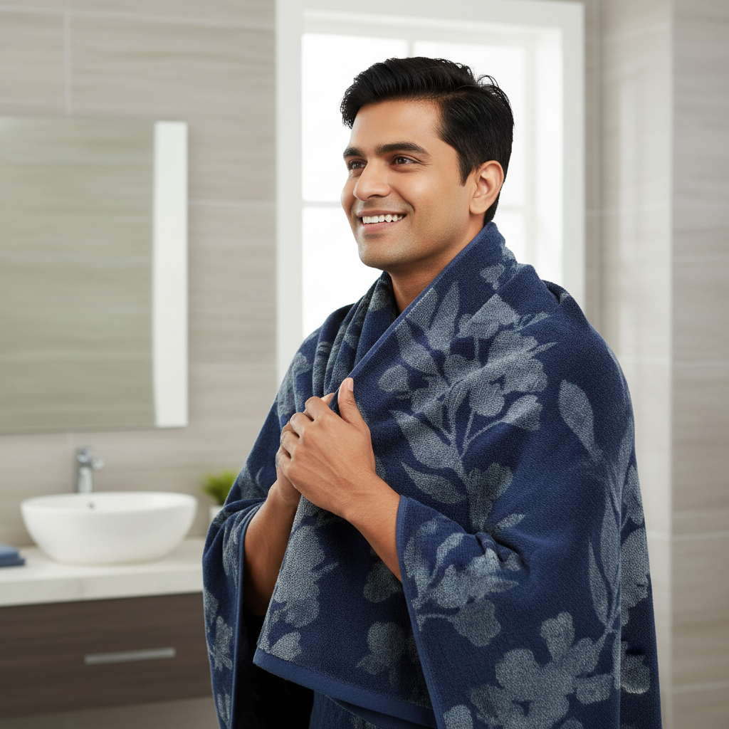 Navy Blue Embroidered Full Size Bath Towel for Unisex | Premium Floral Design