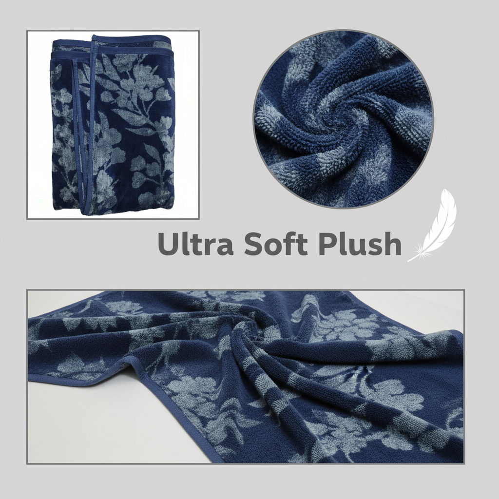 Navy Blue Embroidered Full Size Bath Towel for Unisex | Premium Floral Design
