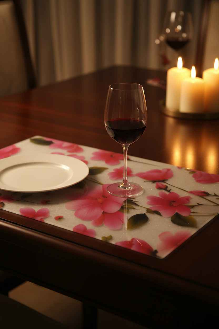 Wine glass with red wine on a floral placemat with candles in the background