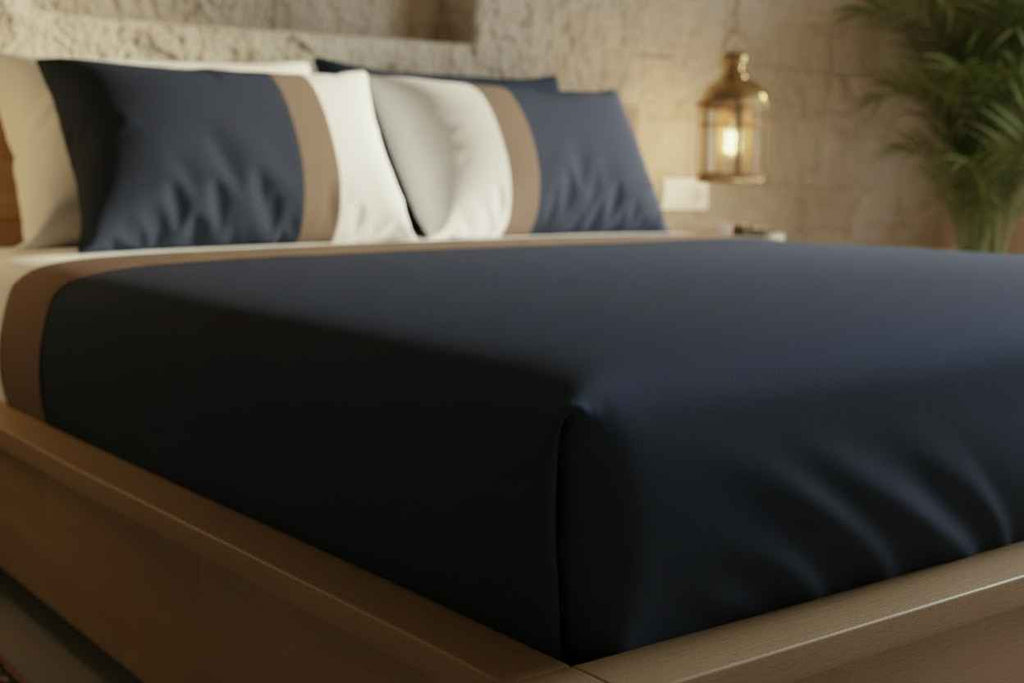 Luxe Stripe Bedsheet Set – Navy & Camel