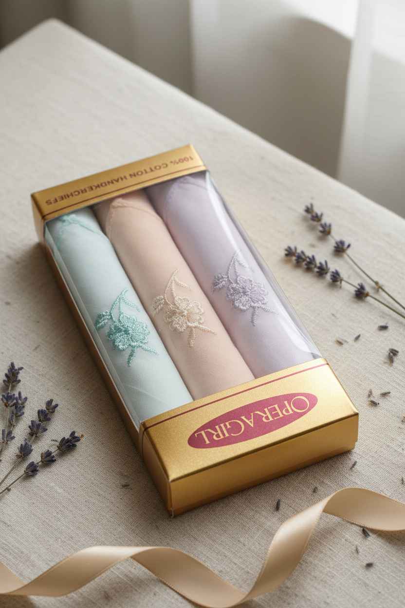 Embroidered Rose Cotton Handkerchiefs – Pack of 3 | Lavender, Peach & Mint Gift Set