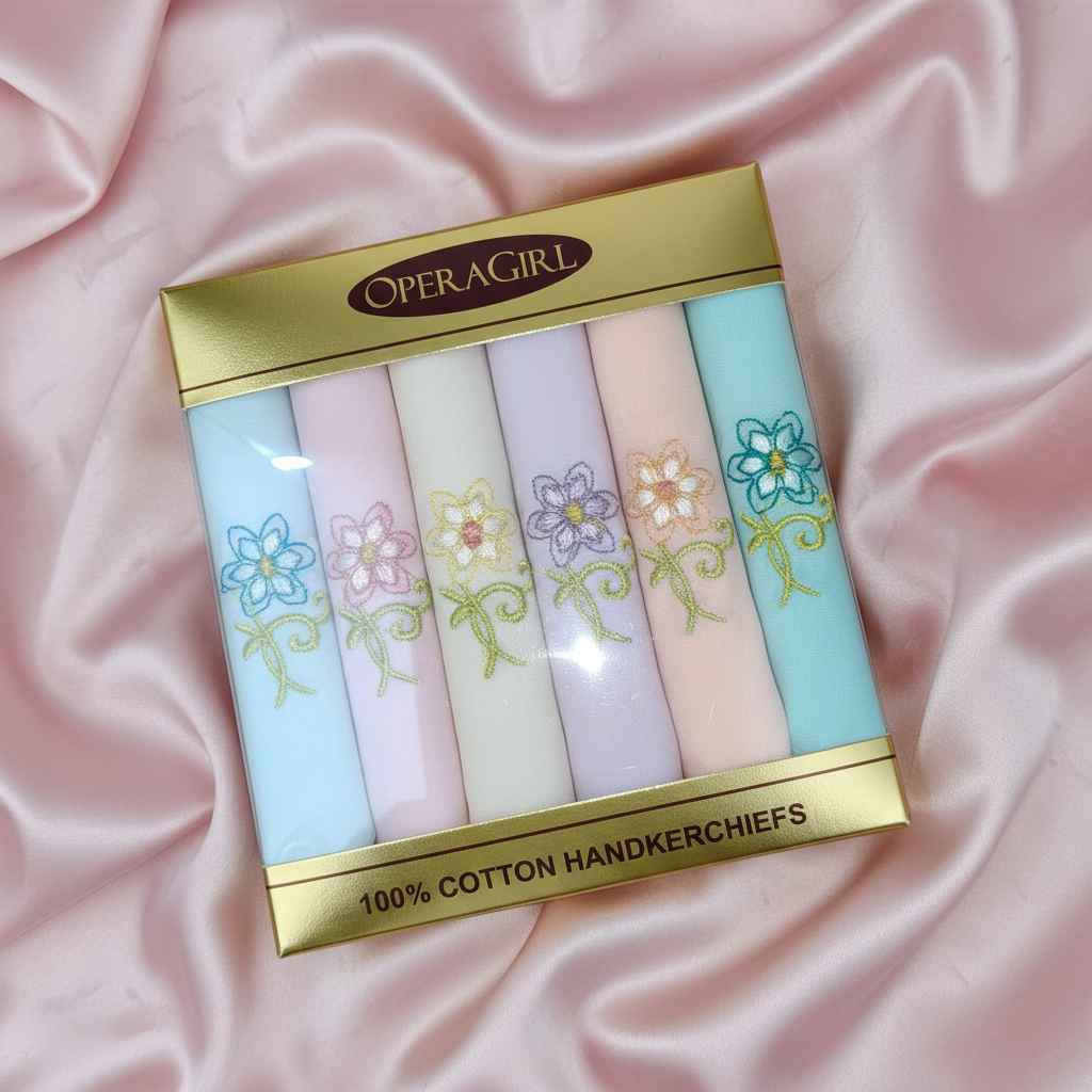 OperaGirl Embroidered Floral Cotton Handkerchiefs – Pack of 6 | Pastel Gift Set
