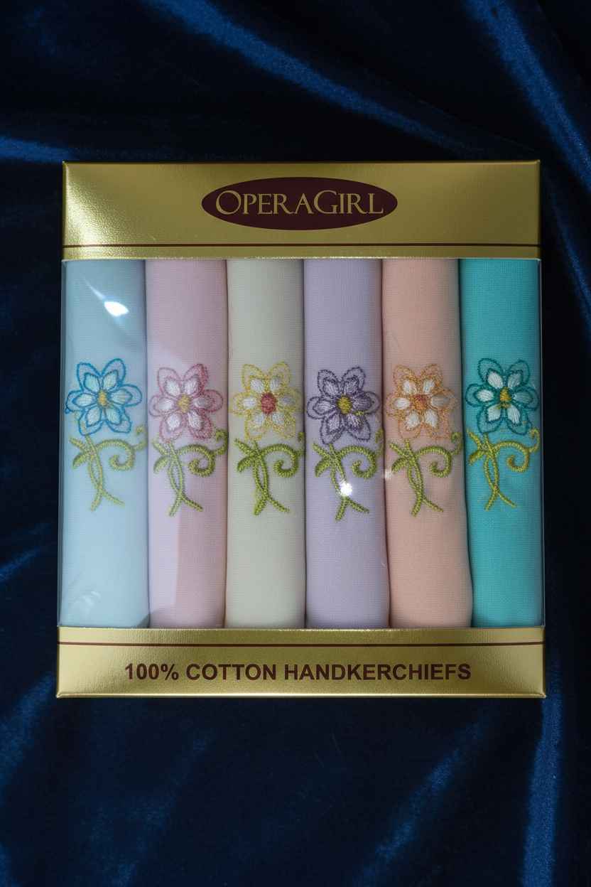 OperaGirl Embroidered Floral Cotton Handkerchiefs – Pack of 6 | Pastel Gift Set