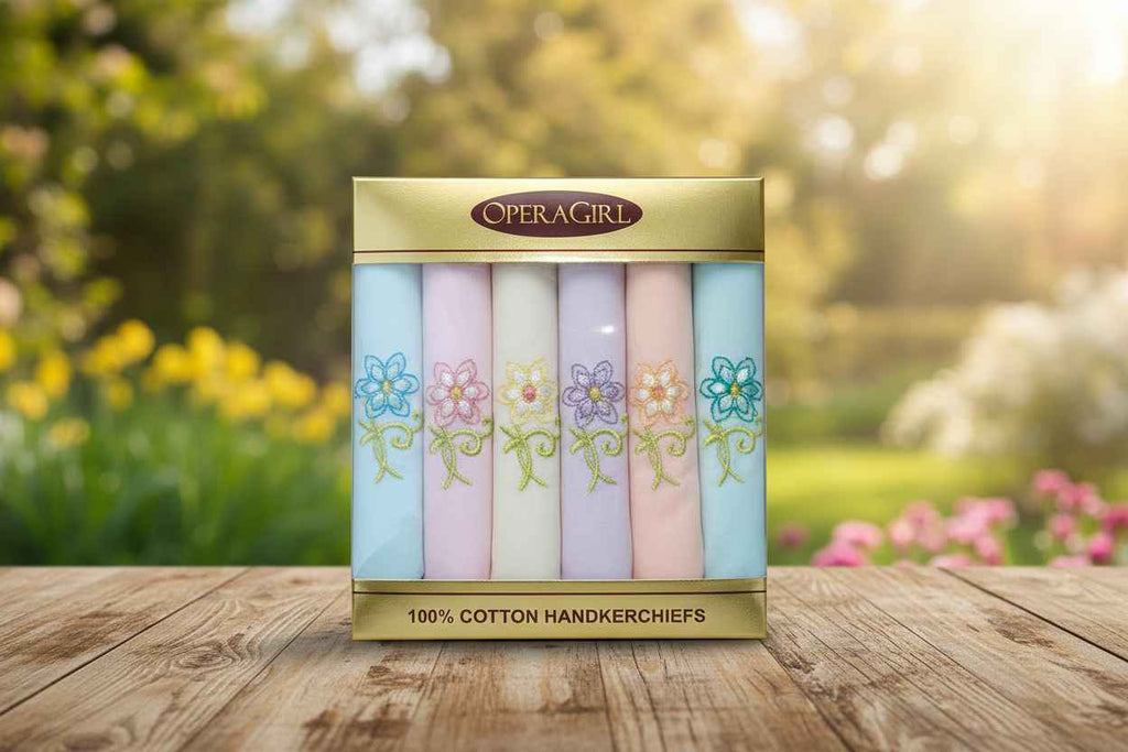 OperaGirl Embroidered Floral Cotton Handkerchiefs – Pack of 6 | Pastel Gift Set