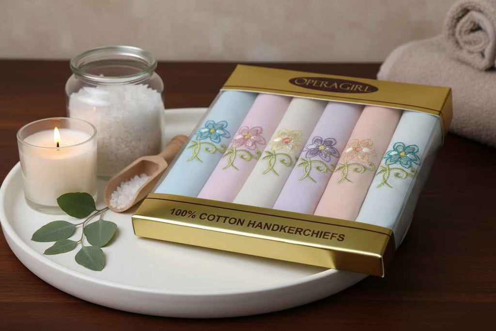 OperaGirl Embroidered Floral Cotton Handkerchiefs – Pack of 6 | Pastel Gift Set