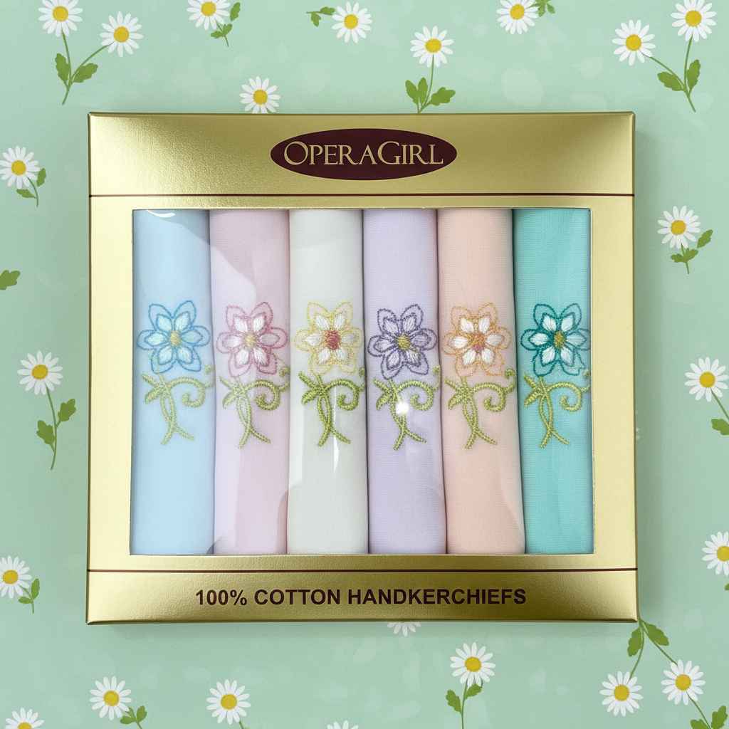 OperaGirl Embroidered Floral Cotton Handkerchiefs – Pack of 6 | Pastel Gift Set