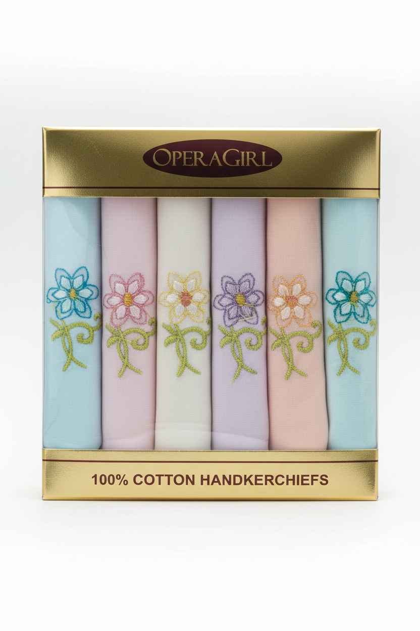 OperaGirl Embroidered Floral Cotton Handkerchiefs – Pack of 6 | Pastel Gift Set