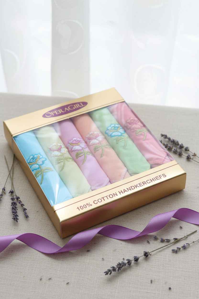 Embroidered Rose Cotton Handkerchiefs – Pack of 6 | Pastel Gift Set