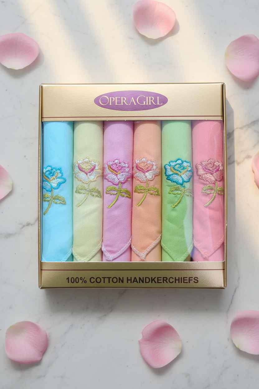 Embroidered Rose Cotton Handkerchiefs – Pack of 6 | Pastel Gift Set