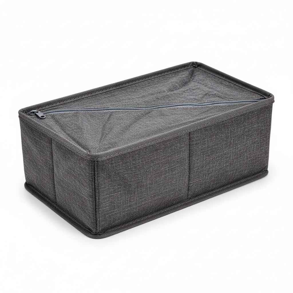 Charcoal Grey Fabric Storage Organizer Box | 8 Compartments | Zipper Lid | Foldable