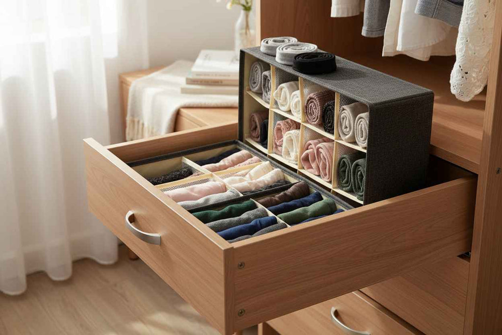 Charcoal Grey Fabric Storage Organizer Box | 8 Compartments | Zipper Lid | Foldable