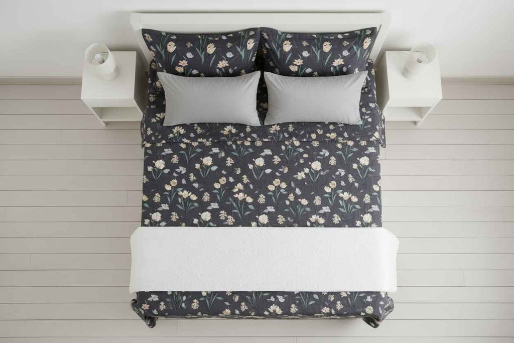 Botanical Bloom King Size Bedsheet – Dark Floral Embroidered