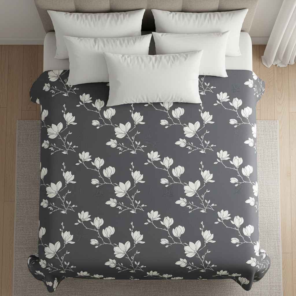 Charcoal Magnolia Floral Bedsheet Set — Dark Grey & White