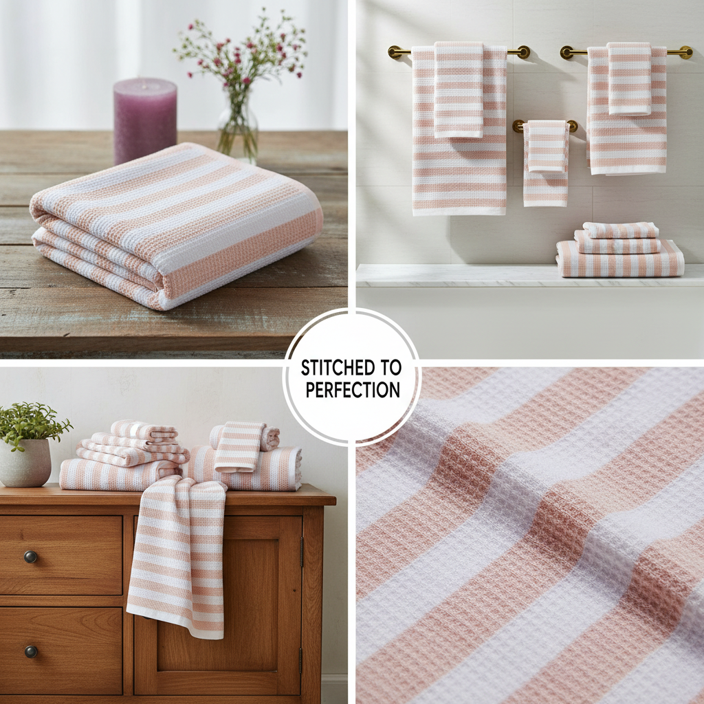 100% Cotton Peach & White Striped Waffle Bath Towel | Soft & Absorbent