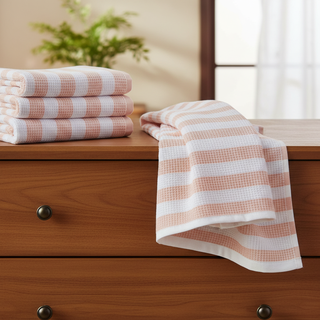 100% Cotton Peach & White Striped Waffle Bath Towel | Soft & Absorbent