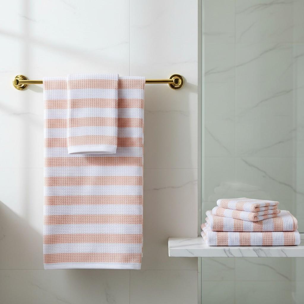 100% Cotton Peach & White Striped Waffle Bath Towel | Soft & Absorbent