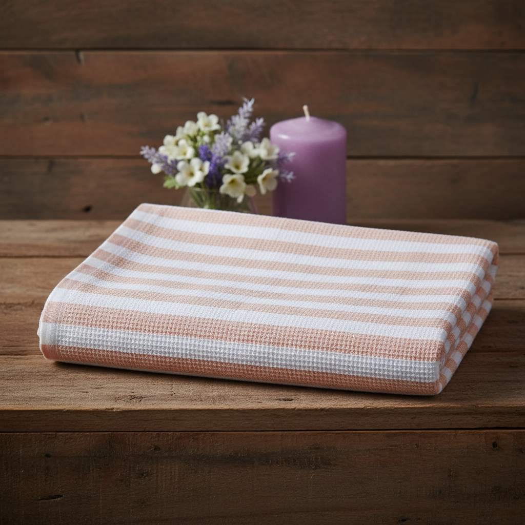 100% Cotton Peach & White Striped Waffle Bath Towel | Soft & Absorbent