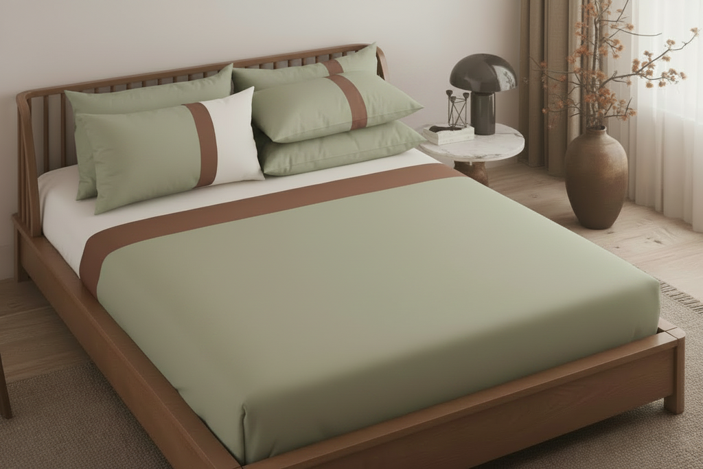 Olive Luxe Bedsheet Set – Sage Green & Mocha Brown Stripe