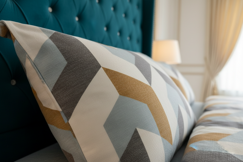 Geometric Chevron King Size Bedsheet – Teal, Gold & Grey