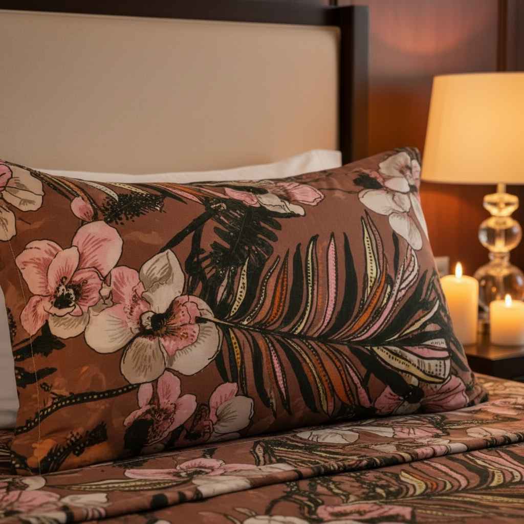 Tropical Orchid Floral Bedsheet Set — Chocolate Brown & Blush