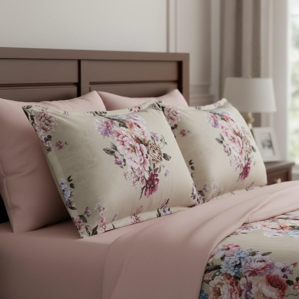 Romantic Pastel Floral Bedsheet King Size 7D Digital Print with 2 Pillow Covers - 108x108 inch